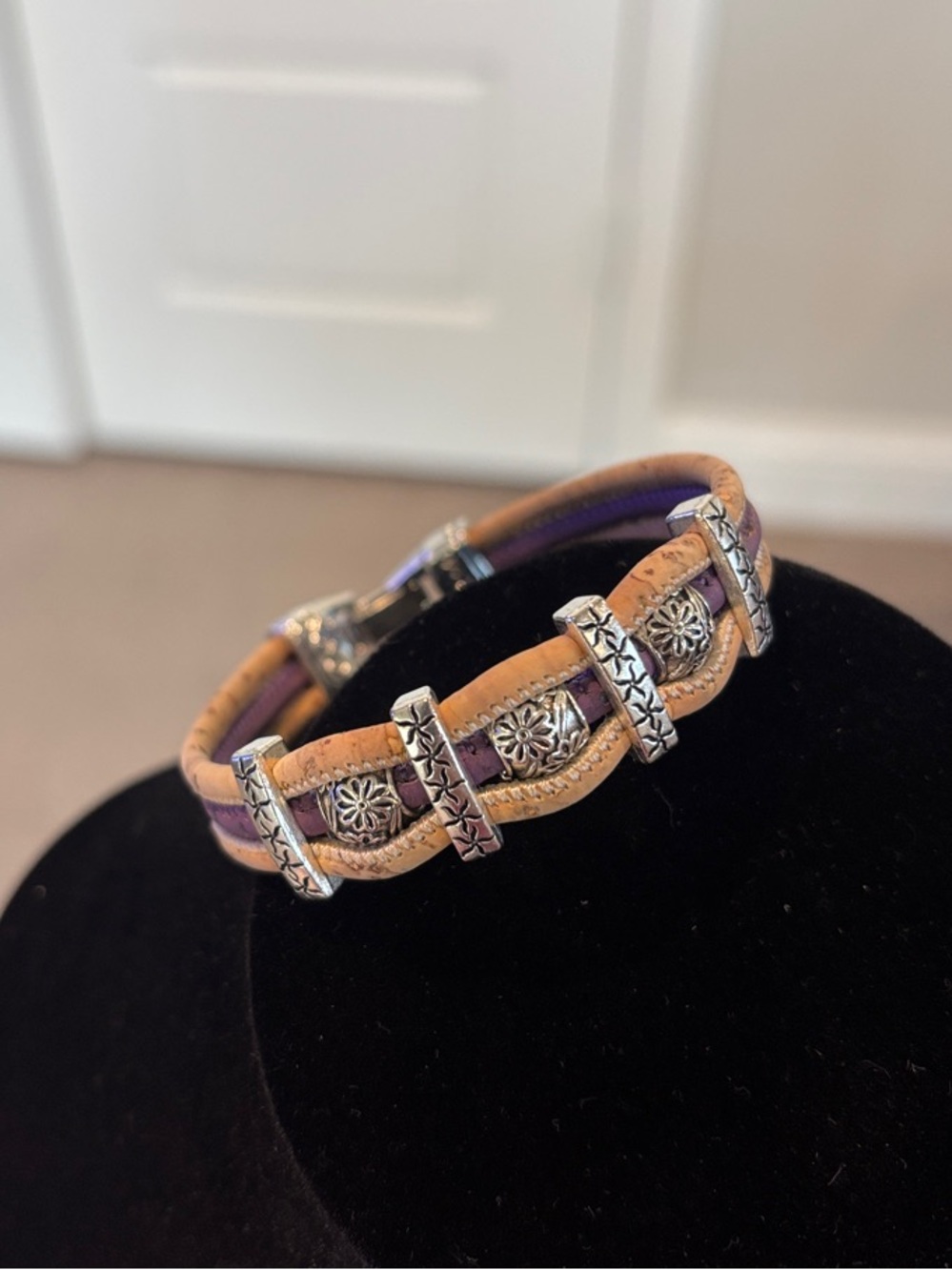 Handcrafted Cork Tan and Purple Leather Bracelet with Silver Accents